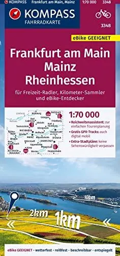 Produktbild: KOMPASS Fahrradkarte 3348 Frankfurt a.M., Mainz, Rheinhessen 1:70.000: reiß- und wetterfest mit Extra Stadtplänen