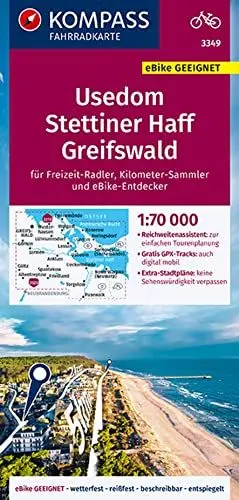 Produktbild: KOMPASS Fahrradkarte 3349 Usedom, Stettiner Haff, Greifswald 1:70.000: reiß- und wetterfest mit Extra Stadtplänen