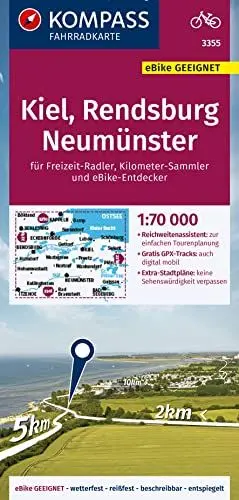 Produktbild: KOMPASS Fahrradkarte 3355 Kiel, Rendsburg, Neumünster 1:70.000: reiß- und wetterfest mit Extra Stadtplänen