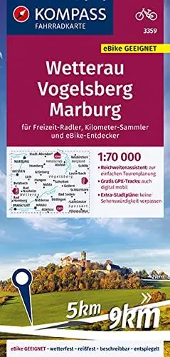 Produktbild: KOMPASS Fahrradkarte 3359 Wetterau, Vogelsberg, Marburg 1:70.000: reiß- und wetterfest mit Extra Stadtplänen