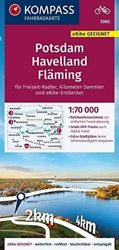 Produktbild: KOMPASS Fahrradkarte 3360 Potsdam, Havelland, Fläming mit Knotenpunkten 1:70.000: reiß- und wetterfest mit Extra Stadtplänen