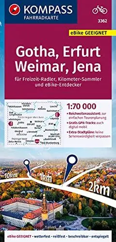 Produktbild: KOMPASS Fahrradkarte 3362 Gotha, Erfurt, Weimar, Jena 1:70.000: reiß- und wetterfest mit Extra Stadtplänen