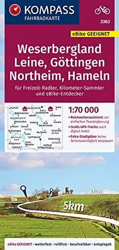 Produktbild: KOMPASS Fahrradkarte 3363 Weserbergland, Leine, Göttingen, Northeim, Hameln 1:70.000: reiß- und wetterfest mit Extra Stadtplänen