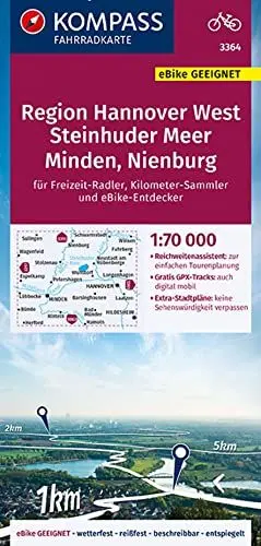 Produktbild: KOMPASS Fahrradkarte 3364 Region Hannover West 1:70.000: reiß- und wetterfest mit Extra Stadtplänen