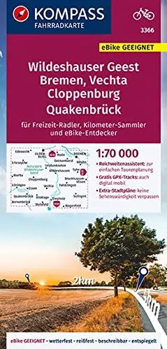 Produktbild: KOMPASS Fahrradkarte 3366 Wildeshauser Geest Bremen Vechta Cloppenburg Quakenbrück mit Knotenpunkten 1:70.000: reiß- und wetterfest mit Extra Stadtplänen