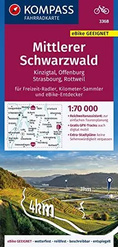Produktbild: KOMPASS Fahrradkarte 3368 Mittlerer Schwarzwald, Kinzigtal, Offenburg, Strasbourg 1:70.000: reiß- und wetterfest mit Extra Stadtplänen