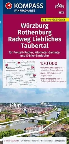 Produktbild: KOMPASS Fahrradkarte 3372 Würzburg, Rothenburg, Radweg Liebliches Taubertal 1:70.000: reiß- und wetterfest mit Extra-Stadtplänen