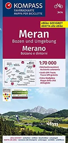 Produktbild: KOMPASS Fahrradkarte 3414 Meran, Bozen und Umgebung, Merano, Bolzano e dintorn 1:70.000: reiß- und wetterfest mit Extra Stadtplänen