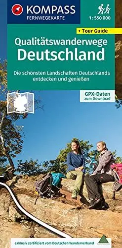 Produktbild: KOMPASS Fernwegekarte Qualitätswanderwege Deutschland 1:550.000: Die schönsten Landschaften Deutschlands entdecken & genießen. GPX-Daten zum Download, mit Tour Guide