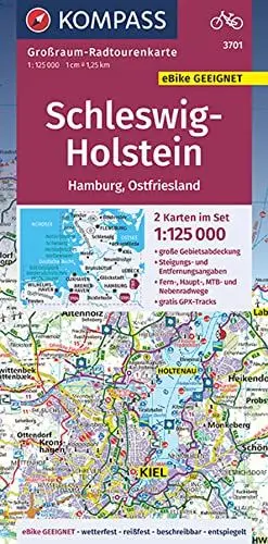 Produktbild: KOMPASS Großraum-Radtourenkarte 3701 Schleswig-Holstein, Hamburg, Ostfriesland 1:125.000: 2 Karten im Set, reiß- und wetterfest, GPX-Daten zum Download (KOMPASS Großraum Fahrradkarte, Band 3701)