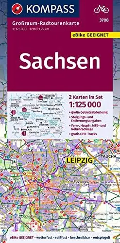 Produktbild: KOMPASS Großraum-Radtourenkarte 3708 Sachsen, 1:125.000: 2 Karten im Set, reiß- und wetterfest, GPX-Daten zum Download (KOMPASS Großraum Fahrradkarte, Band 3708)