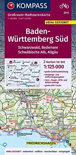 Produktbild: KOMPASS Großraum-Radtourenkarte 3711 Baden-Württemberg Süd, Schwarzwald, Bodensee, Schwäbische Alb, Allgäu, 1:125.000: 2 Karten im Set, reiß- und ... (KOMPASS Großraum Fahrradkarte, Band 3711)