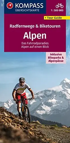 Produktbild: KOMPASS Radfernwegekarte Radfernwege & Biketouren Alpen - Übersichtskarte 1:500.000: inklusive Bikeparks und Alpenpässe