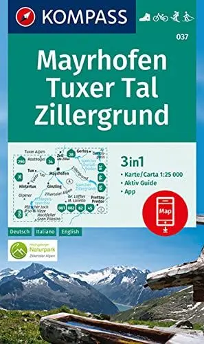 Produktbild: KOMPASS Wanderkarte 037 Mayrhofen, Tuxer Tal, Zillergrund 1:25.000: 3in1 Wanderkarte mit Aktiv Guide inklusive Karte zur offline Verwendung in der KOMPASS-App. Fahrradfahren. Skitouren. Langlaufen.