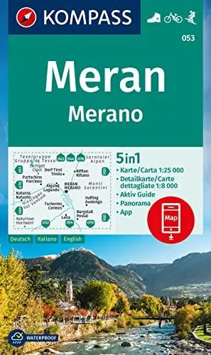 Produktbild: KOMPASS Wanderkarte 053 Meran / Merano 1:25.000: 5in1 Wanderkarte mit Panorama, Stadtplan und Aktiv Guide inklusive Karte zur offline Verwendung in der KOMPASS-App. Fahrradfahren. Skitouren.