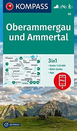 Produktbild: KOMPASS Wanderkarte 05 Oberammergau und Ammertal 1:35.000: 3in1 Wanderkarte, mit Aktiv Guide inklusive Karte zur offline Verwendung in der KOMPASS-App. Fahrradfahren. Langlaufen.