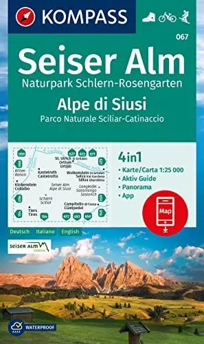 Produktbild: KOMPASS Wanderkarte 067 Seiser Alm, Naturpark Schlern-Rosengarten / Alpe di Siusi, Parco Naturale Sciliar-Catinaccio 1:25.000: 4in1 Wanderkarte, mit ... in der KOMPASS-App. Fahrradfahren. Skitouren.