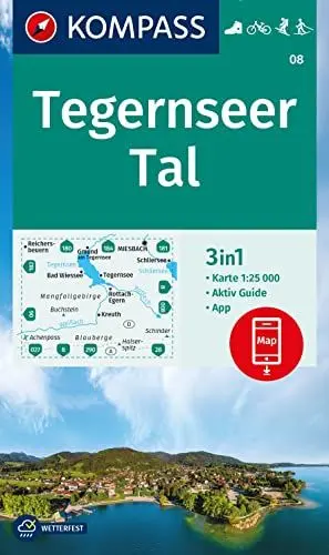 Produktbild: KOMPASS Wanderkarte 08 Tegernseer Tal 1:25.000: 3in1 Wanderkarte mit Aktiv Guide inklusive Karte zur offline Verwendung in der KOMPASS-App. Fahrradfahren. Skitouren. Langlaufen.