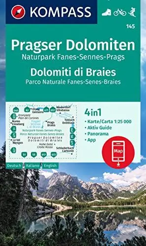 Produktbild: KOMPASS Wanderkarte 145 Pragser Dolomiten, Naturpark Fanes-Sennes-Prags, Dolomiti di Braies, Parco Naturale Fanes-Senes-Braies 1:25.000: 4in1 ... in der KOMPASS-App. Fahrradfahren. Skitouren.