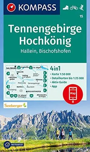 Produktbild: KOMPASS Wanderkarte 15 Tennengebirge, Hochkönig, Hallein, Bischofshofen 1:50.000: 4in1 Wanderkarte mit Aktiv Guide und Detailkarten inklusive Karte ... in der KOMPASS-App. Fahrradfahren. Skitouren.