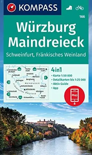 Produktbild: KOMPASS Wanderkarte 166 Würzburg, Maindreieck, Schweinfurt, Fränkisches Weinland 1:50.000: 4in1 Wanderkarte mit Aktiv Guide und Detailkarten inklusive ... Verwendung in der KOMPASS-App. Fahrradfahren.