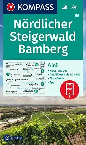 Produktbild: KOMPASS Wanderkarte 167 Nördlicher Steigerwald, Bamberg 1:50.000: 4in1 Wanderkarte mit Aktiv Guide und Detailkarten inklusive Karte zur offline Verwendung in der KOMPASS-App. Fahrradfahren.