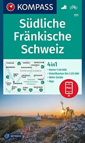 Produktbild: KOMPASS Wanderkarte 171 Südliche Fränkische Schweiz 1:50.000: 4in1 Wanderkarte mit Aktiv Guide und Detailkarten inklusive Karte zur offline Verwendung in der KOMPASS-App. Fahrradfahren.