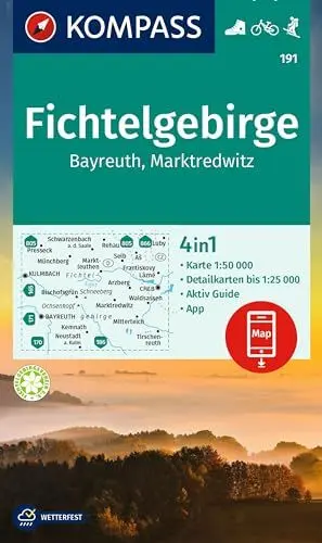 Produktbild: KOMPASS Wanderkarte 191 Fichtelgebirge, Bayreuth, Marktredwitz 1:50.000: 4in1 Wanderkarte mit Aktiv Guide und Detailkarten inklusive Karte zur offline ... der KOMPASS-App. Fahrradfahren. Langlaufen.