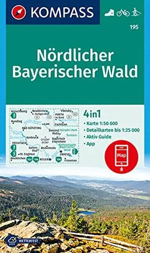 Produktbild: KOMPASS Wanderkarte 195 Nördlicher Bayerischer Wald 1:50.000: 4in1 Wanderkarte mit Aktiv Guide und Detailkarten inklusive Karte zur offline Verwendung in der KOMPASS-App. Fahrradfahren. Langlaufen.