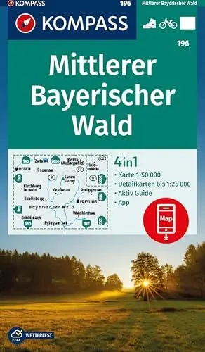 Produktbild: KOMPASS Wanderkarte 196 Mittlerer Bayerischer Wald 1:50.000: 4in1 Wanderkarte mit Aktiv Guide und Detailkarten inklusive Karte zur offline Verwendung in der KOMPASS-App. Fahrradfahren.