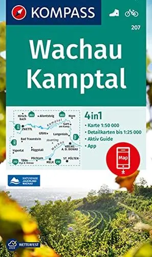 Produktbild: KOMPASS Wanderkarte 207 Wachau, Kamptal 1:50.000: 4in1 Wanderkarte mit Aktiv Guide und Detailkarten inklusive Karte zur offline Verwendung in der KOMPASS-App. Fahrradfahren.