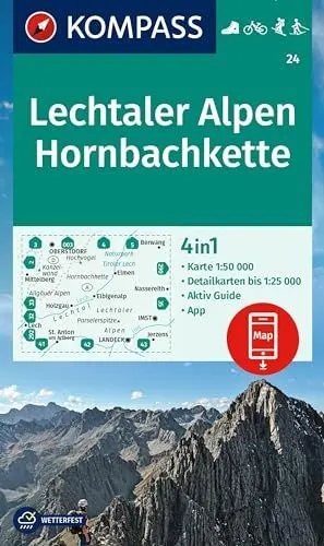 Produktbild: KOMPASS Wanderkarte 24 Lechtaler Alpen, Hornbachkette 1:50.000: 4in1 Wanderkarte mit Aktiv Guide und 1:25000 Karten, inklusive Kartenbereich zur ... in der KOMPASS-App. Fahrradfahren. Skitouren.