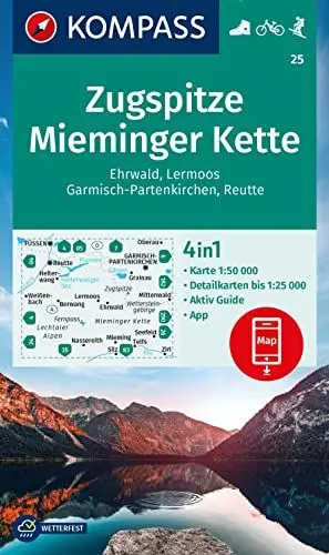 Produktbild: KOMPASS Wanderkarte 25 Zugspitze, Mieminger Kette, Ehrwald, Lermoos, Garmisch-Partenkirchen, Reutte 1:50.000: 4in1 Wanderkarte mit Aktiv Guide und ... in der KOMPASS-App. Fahrradfahren. Skitouren.
