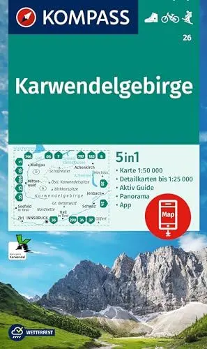 Produktbild: KOMPASS Wanderkarte 26 Karwendelgebirge 1:50.000: 5in1 Wanderkarte mit Aktiv Guide, 1:25000 Karten und Panorama, inklusive Karte zur offline Verwendung in der KOMPASS-App. Fahrradfahren. Skitouren.