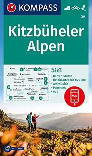 Produktbild: KOMPASS Wanderkarte 29 Kitzbüheler Alpen 1:50.000: 5in1 Wanderkarte mit Aktiv Guide, Detailkarten und Panorama inklusive Karte zur offline Verwendung in der KOMPASS-App. Fahrradfahren. Skitouren.