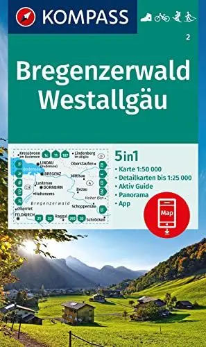 Produktbild: KOMPASS Wanderkarte 2 Bregenzerwald, Westallgäu 1:50.000: 5in1 Wanderkarte mit Aktiv Guide, Detailkarten und Panorama inklusive Karte zur offline ... Fahrradfahren. Skitouren. Langlaufen.