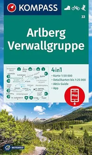 Produktbild: KOMPASS Wanderkarte 33 Arlberg, Verwallgruppe 1:50.000: 4in1 Wanderkarte mit Aktiv Guide und Detailkarten inklusive Karte zur offline Verwendung in der KOMPASS-App. Fahrradfahren. Skitouren.