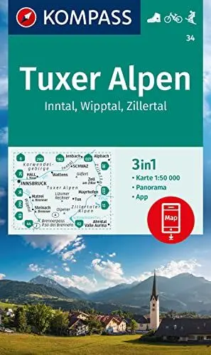 Produktbild: KOMPASS Wanderkarte 34 Tuxer Alpen, Inntal, Wipptal, Zillertal 1:50.000: 3in1 Wanderkarte, mit Panorama, inklusive Karte zur offline Verwendung in der KOMPASS-App. Fahrradfahren. Skitouren.