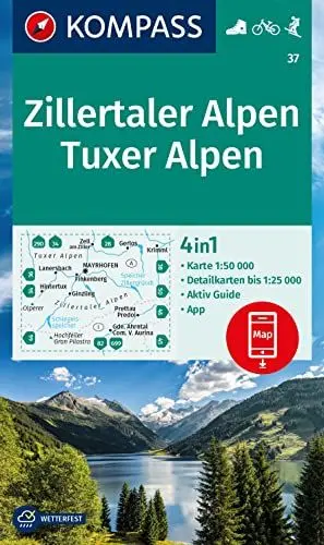 Produktbild: KOMPASS Wanderkarte 37 Zillertaler Alpen, Tuxer Alpen 1:25.000: 4in1 Wanderkarte , mit Aktiv Guide und Detailkarten inklusive Karte zur offline Verwendung in der KOMPASS-App. Fahrradfahren. Skitouren.