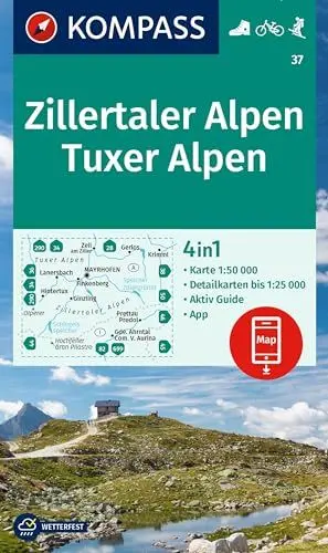 Produktbild: KOMPASS Wanderkarte 37 Zillertaler Alpen, Tuxer Alpen 1:50.000: 4in1 Wanderkarte , mit Aktiv Guide und Detailkarten inklusive Karte zur offline Verwendung in der KOMPASS-App. Fahrradfahren. Skitouren.