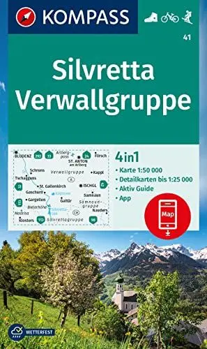 Produktbild: KOMPASS Wanderkarte 41 Silvretta, Verwallgruppe 1:50.000: 4in1 Wanderkarte, mit Aktiv Guide und Detailkarten inklusive Karte zur offline Verwendung in der KOMPASS-App. Fahrradfahren. Skitouren.