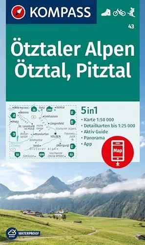 Produktbild: KOMPASS Wanderkarte 43 Ötztaler Alpen, Ötztal, Pitztal 1:50.000: 5in1 Wanderkarte mit Panorama, Aktiv Guide und 1:25000 Karten, inklusive ... in der KOMPASS-App. Fahrradfahren. Skitouren.
