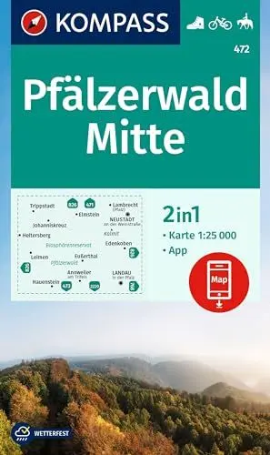 Produktbild: KOMPASS Wanderkarte 472 Pfälzerwald Mitte 1:25.000: 2in1 Wanderkarte inklusive Karte zur offline Verwendung in der KOMPASS-App. Fahrradfahren. Reiten.