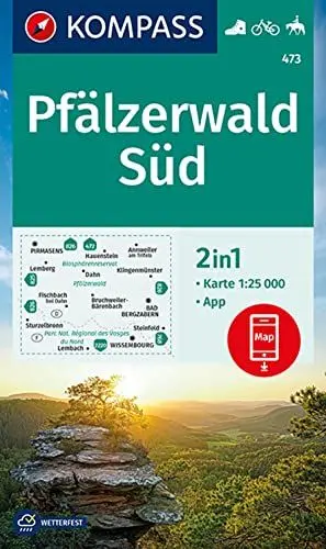 Produktbild: KOMPASS Wanderkarte 473 Pfälzerwald Süd 1:25.000: 2in1 Wanderkarte inklusive Karte zur offline Verwendung in der KOMPASS-App. Fahrradfahren. Reiten.