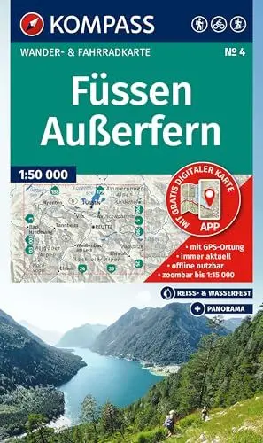 Produktbild: KOMPASS Wanderkarte 4 Füssen, Außerfern 1:50.000: Wander- und Fahrradkarte in einem - inklusive Offline-Verwendung in der KOMPASS-App. Wander-& Radwege. Panorama. Skitouren. Langlaufen. Reiten.