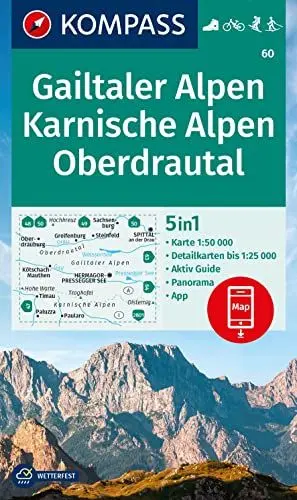 Produktbild: KOMPASS Wanderkarte 60 Gailtaler Alpen, Karnische Alpen, Oberdrautal 1:50.000: 5in1 Wanderkarte, mit Panorama, Aktiv Guide und Detailkarten inklusive ... Fahrradfahren. Skitouren. Langlaufen.