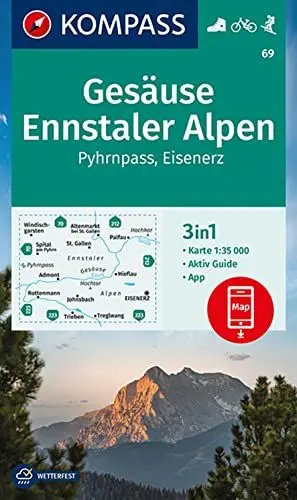 Produktbild: KOMPASS Wanderkarte 69 Gesäuse, Ennstaler Alpen, Pyhrnpass, Eisenerz 1:35.000: 3in1 Wanderkarte mit Aktiv Guide inklusive Karte zur offline Verwendung in der KOMPASS-App. Fahrradfahren. Skitouren.