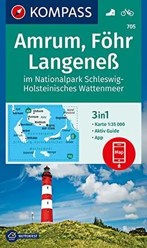 Produktbild: KOMPASS Wanderkarte 705 Amrum, Föhr, Langeneß im Nationalpark Schleswig-Holsteinisches Wattenmeer 1:35.000: 3in1 Wanderkarte mit Aktiv Guide inklusive ... Verwendung in der KOMPASS-App. Fahrradfahren.
