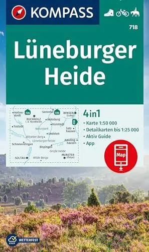 Produktbild: KOMPASS Wanderkarte 718 Lüneburger Heide 1:50.000: 4in1 Wanderkarte mit Aktiv Guide und Detailkarten inklusive Karte zur offline Verwendung in der KOMPASS-App. Fahrradfahren. Reiten.