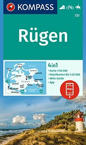 Produktbild: KOMPASS Wanderkarte 737 Rügen 1:50.000: 4in1 Wanderkarte, mit Aktiv Guide und 1:25000 Karten, inklusive Kartenbereich zur offline Verwendung in der KOMPASS-App. Fahrradfahren. Reiten.